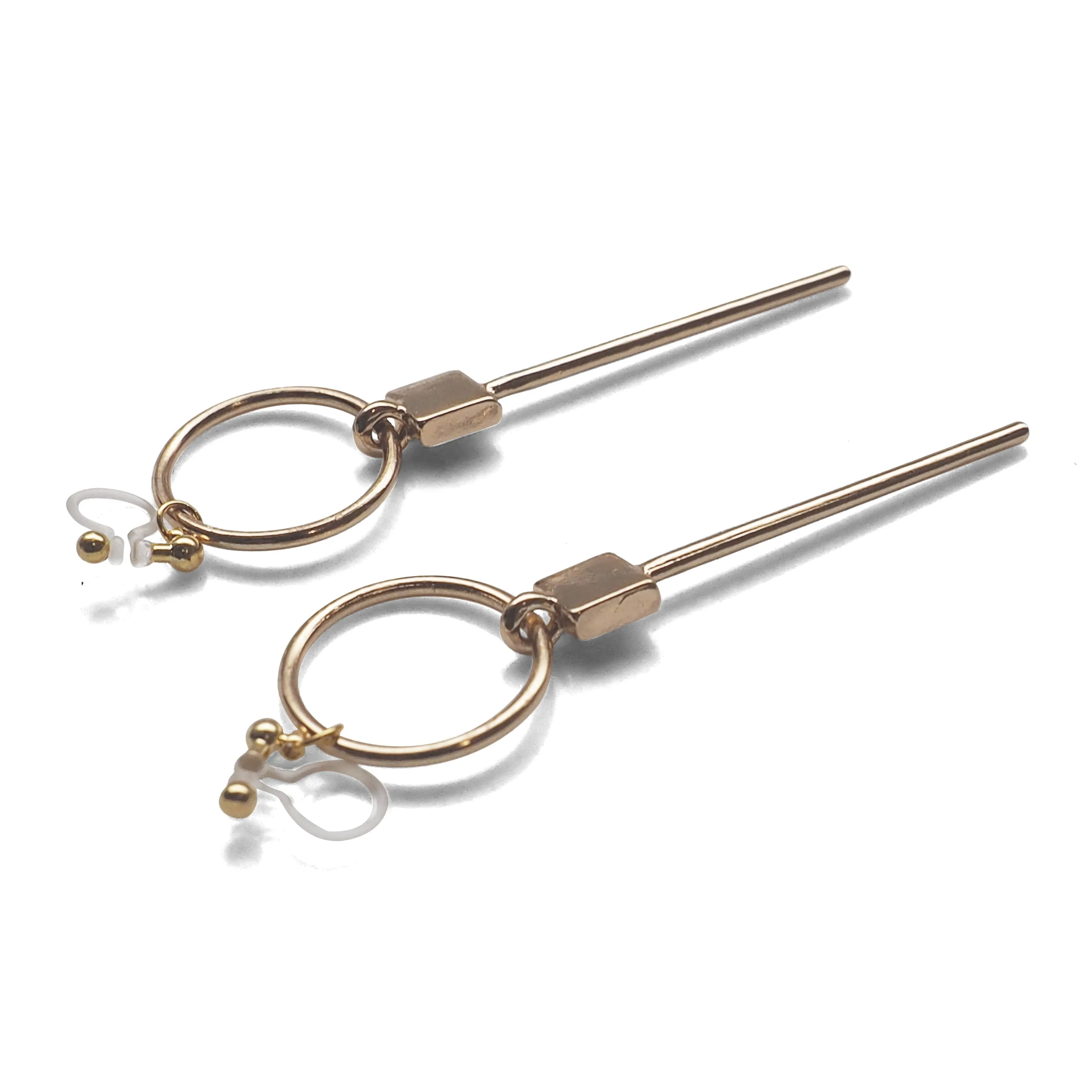 Hoop and Bar Invisible Clip On Earrings ( Gold tone )