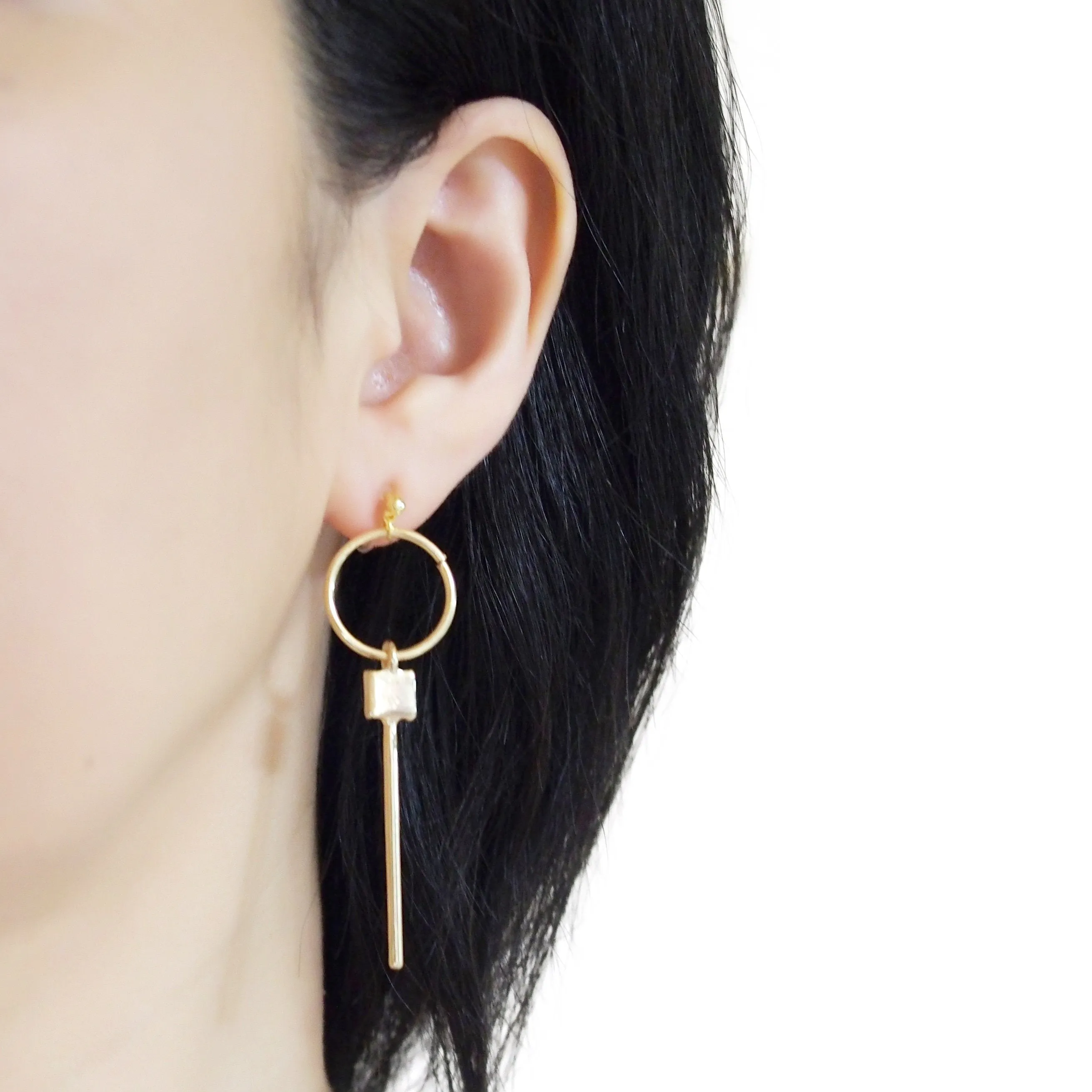 Hoop and Bar Invisible Clip On Earrings ( Gold tone )