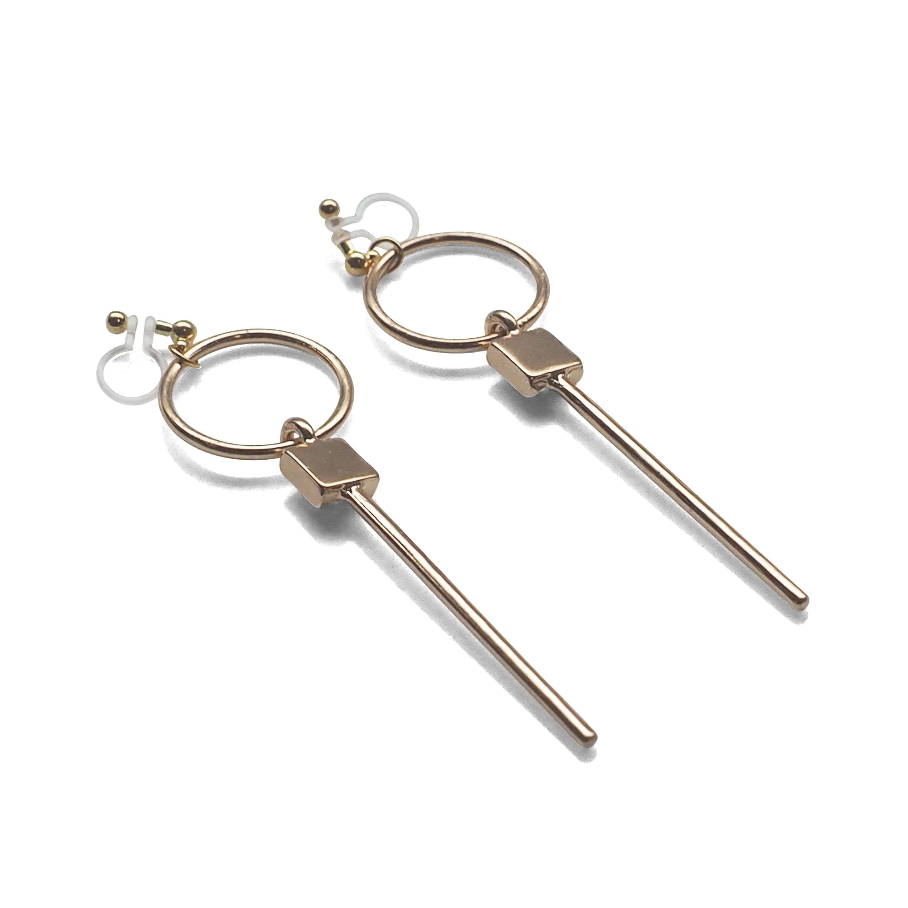 Hoop and Bar Invisible Clip On Earrings ( Gold tone )