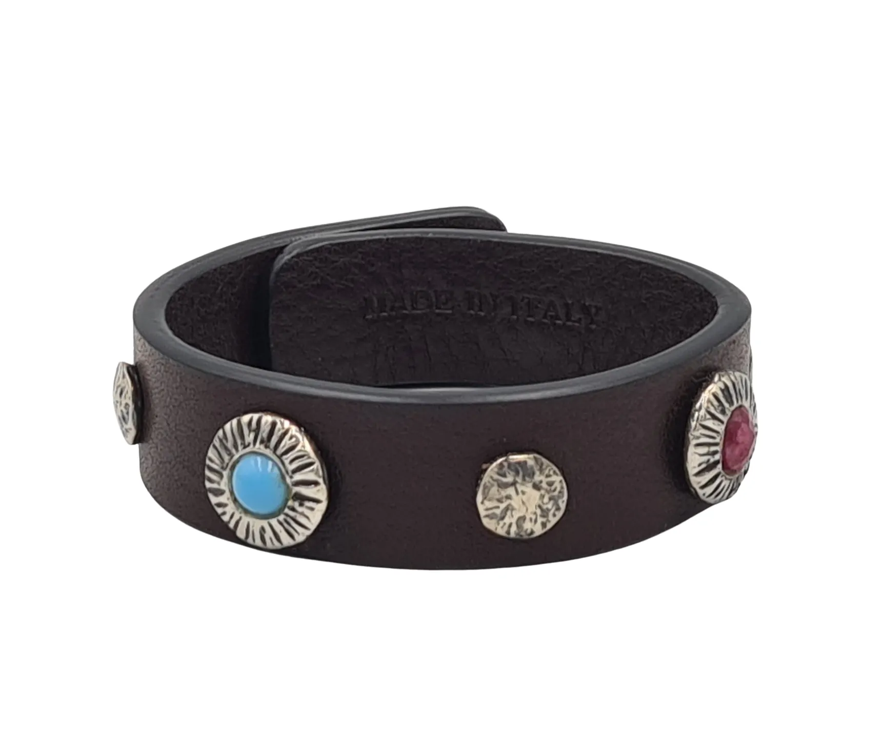 LEATHER BRACELET SILVER AND NATURAL STONES