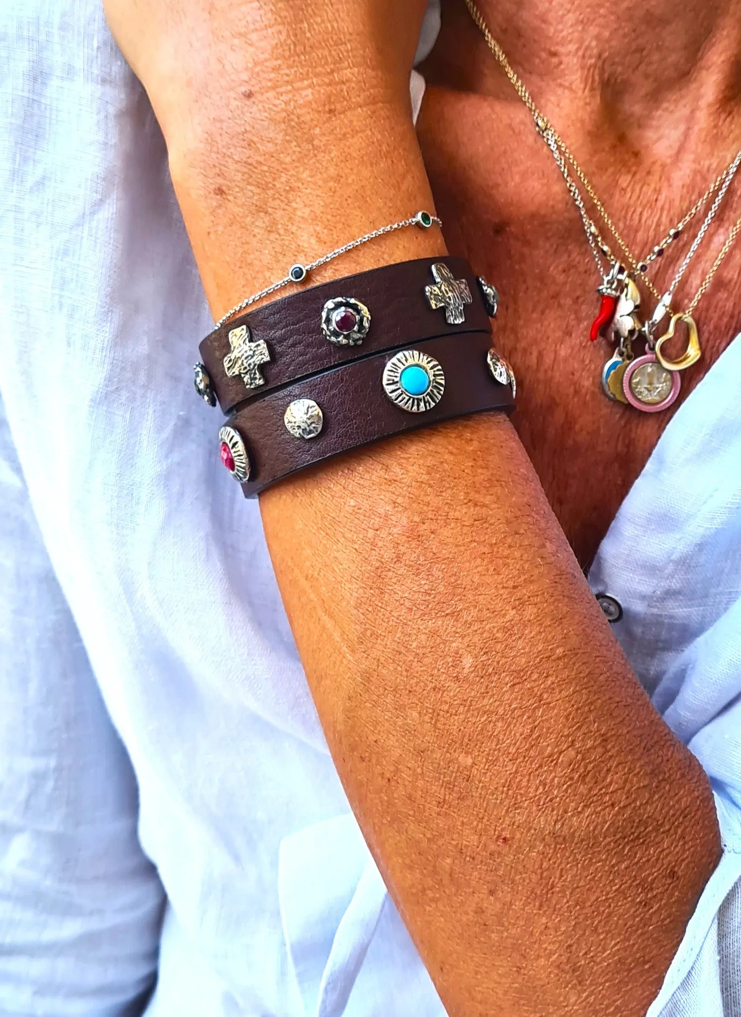 LEATHER BRACELET SILVER AND NATURAL STONES