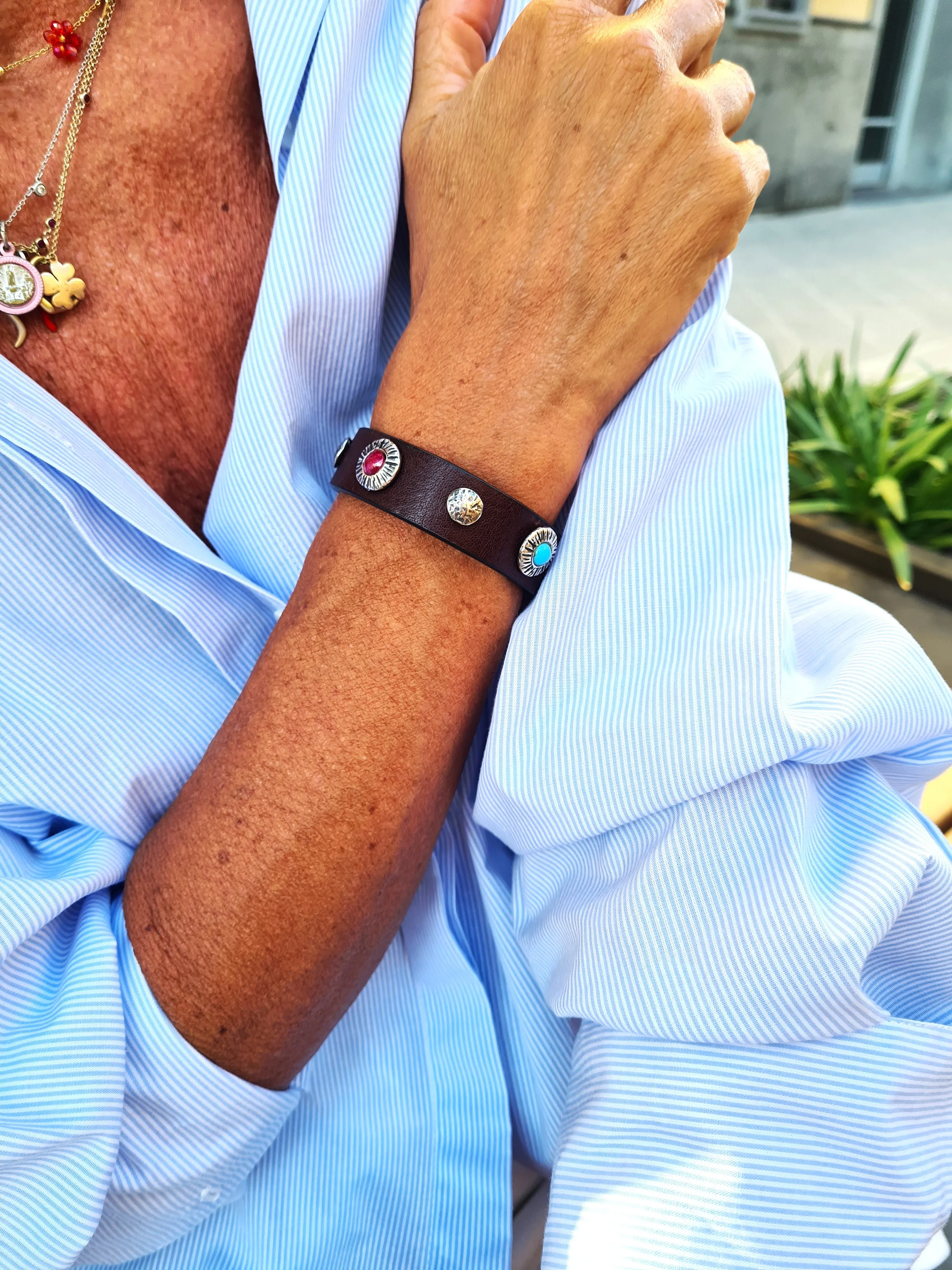 LEATHER BRACELET SILVER AND NATURAL STONES