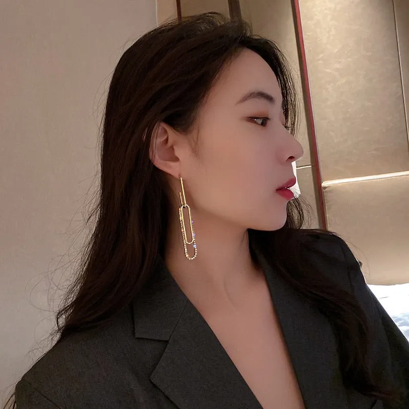 Long Golden Rectangle Crystal Drop Earrings for Women Bijoux Geometric Rhinestone Earrings