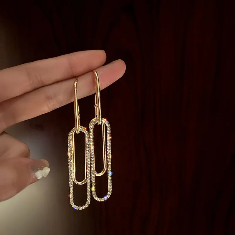 Long Golden Rectangle Crystal Drop Earrings for Women Bijoux Geometric Rhinestone Earrings