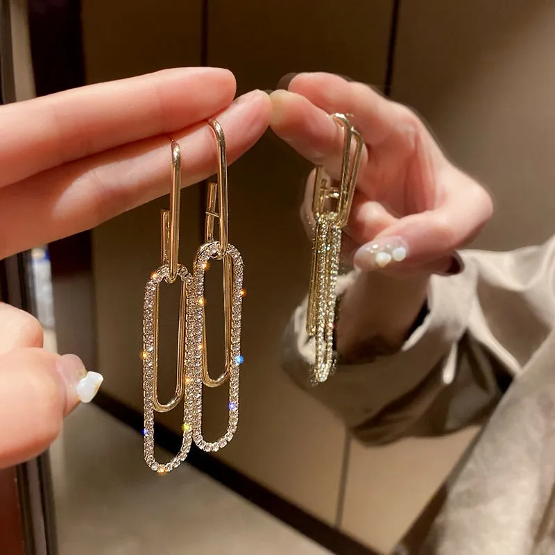 Long Golden Rectangle Crystal Drop Earrings for Women Bijoux Geometric Rhinestone Earrings