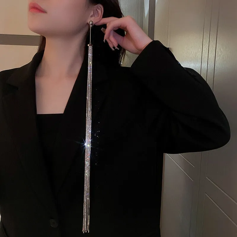 Long Tassel Drop Earrings for Women Geometric Rhinestone Dangle Earrings