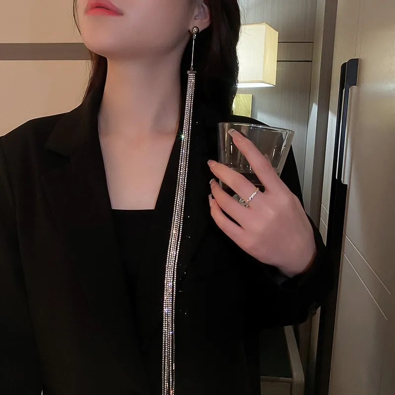 Long Tassel Drop Earrings for Women Geometric Rhinestone Dangle Earrings