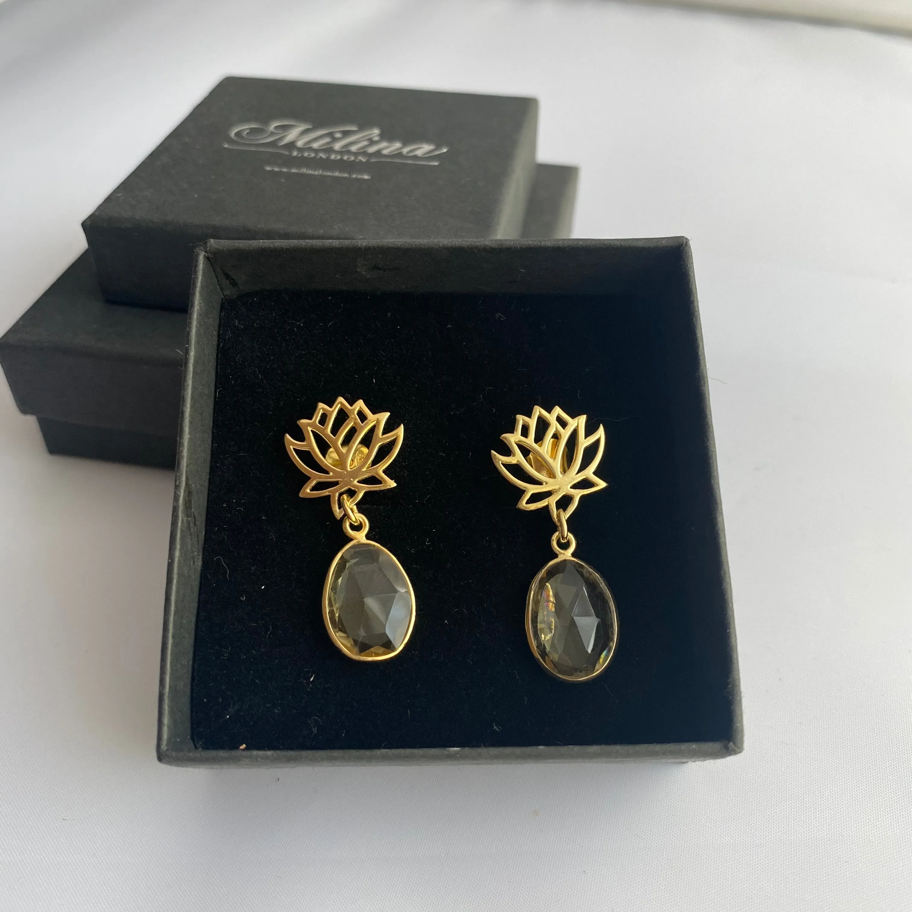Lotus Earrings in Gold Plated Sterling Silver with a Citrine Gemstone Drop