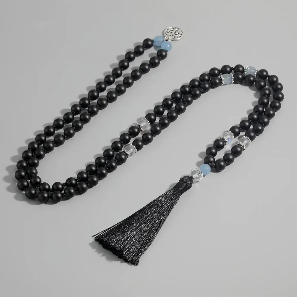 Matte Black Onyx & Moonstone Knotted Beads 108 Mala Fashion Men's and Women's Necklace