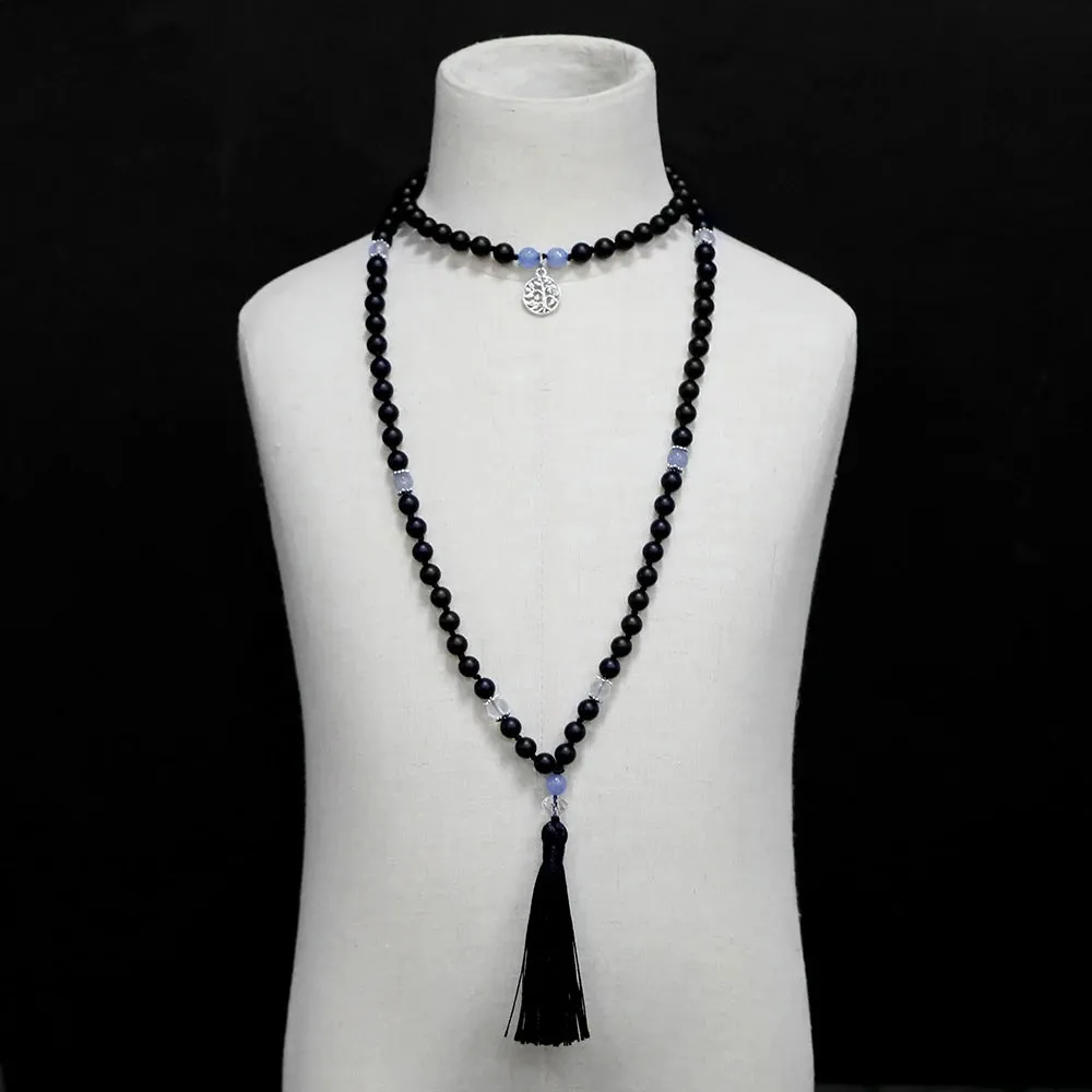 Matte Black Onyx & Moonstone Knotted Beads 108 Mala Fashion Men's and Women's Necklace