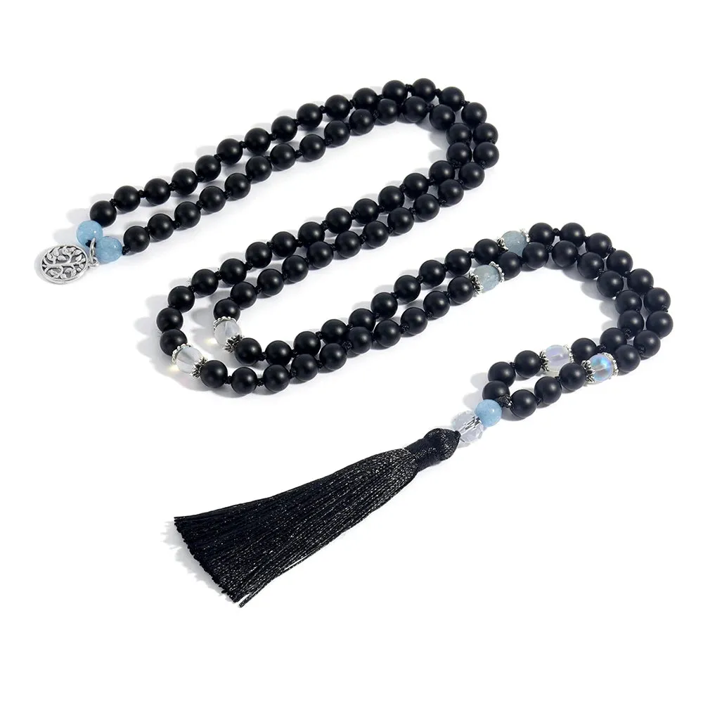 Matte Black Onyx & Moonstone Knotted Beads 108 Mala Fashion Men's and Women's Necklace