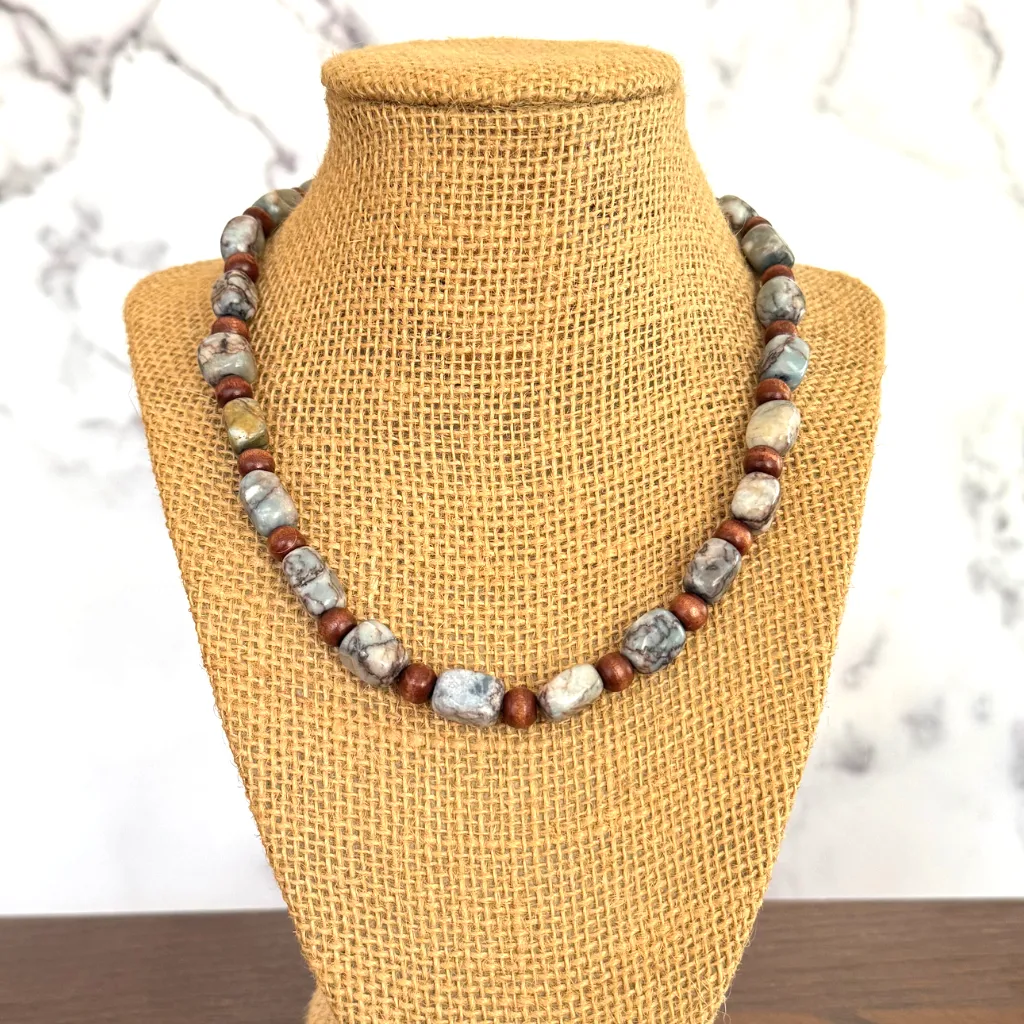 Mens Blue Marble Pebble Beaded Necklace