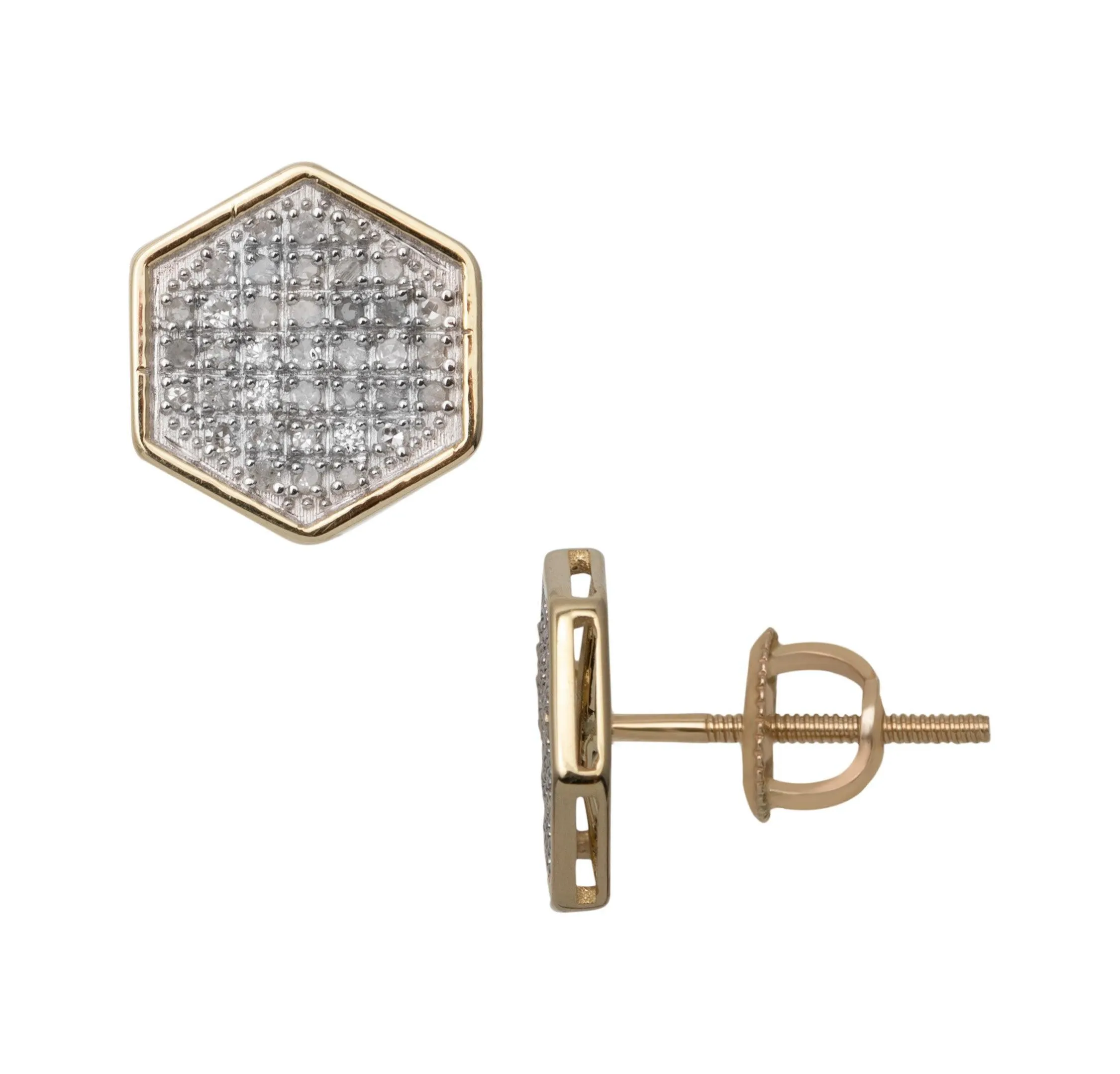 Men's Octagonal Micro-Pavé Diamond Stud Earrings 0.22ct 10K Yellow Gold
