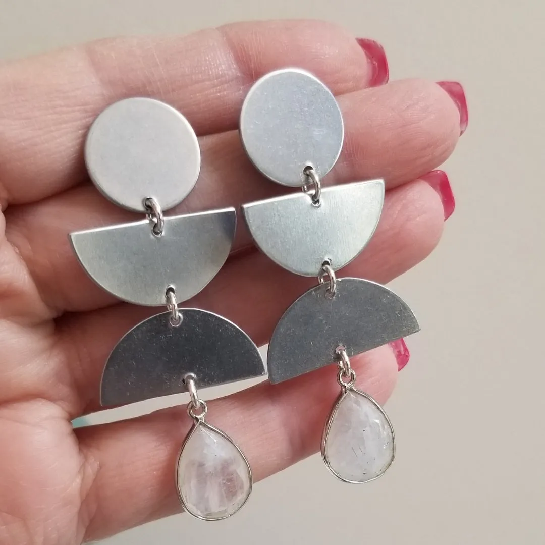 Modern Geometric Earrings, Moonstone Dangle Earrings