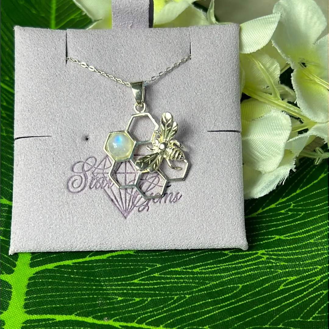 Moonstone Bee Honeycomb 925 Sterling Silver Pendant