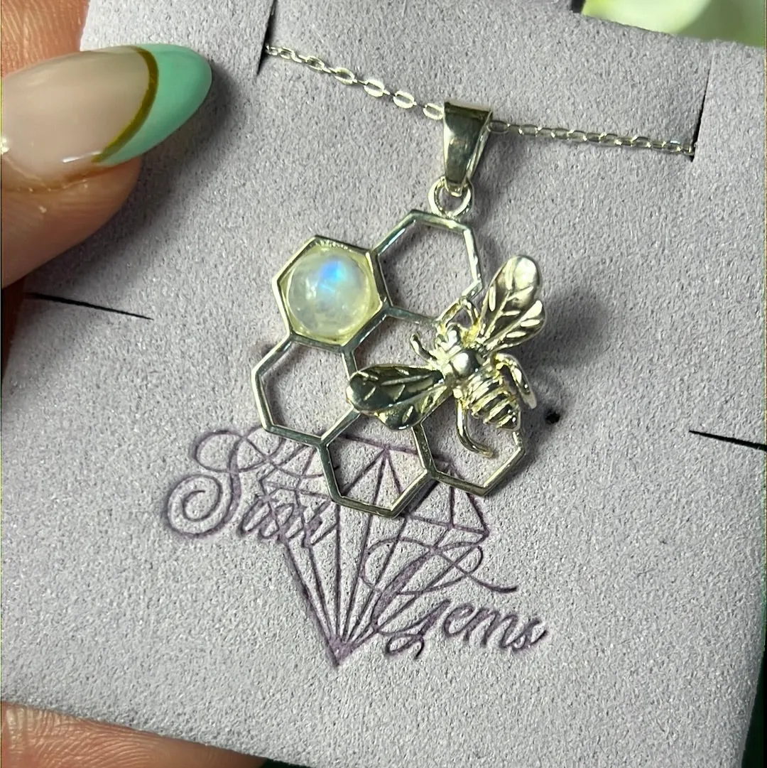 Moonstone Bee Honeycomb 925 Sterling Silver Pendant