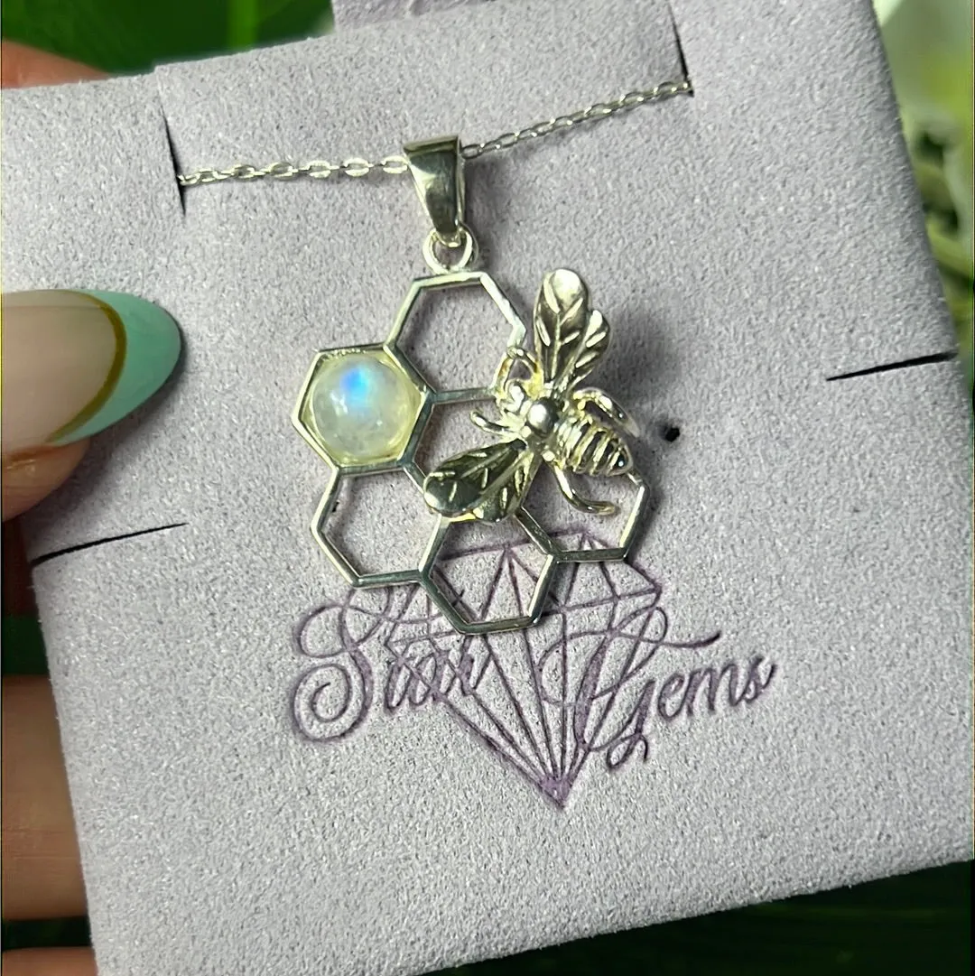 Moonstone Bee Honeycomb 925 Sterling Silver Pendant