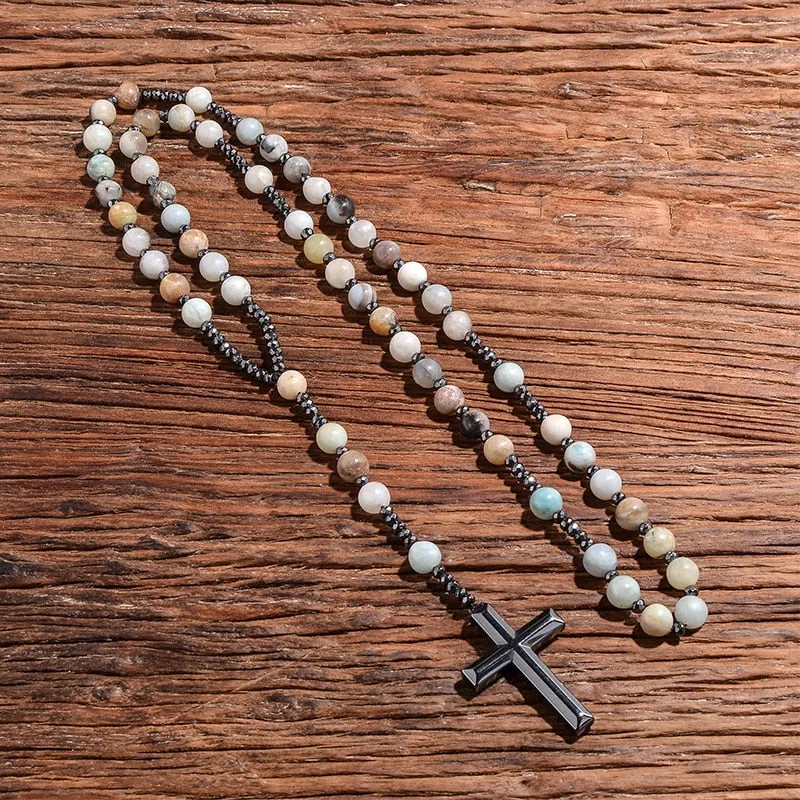 Natural 8mm Amazonite Beads Catholic Christ Rosary Necklaces Hematite Cross Pendant Men Necklace