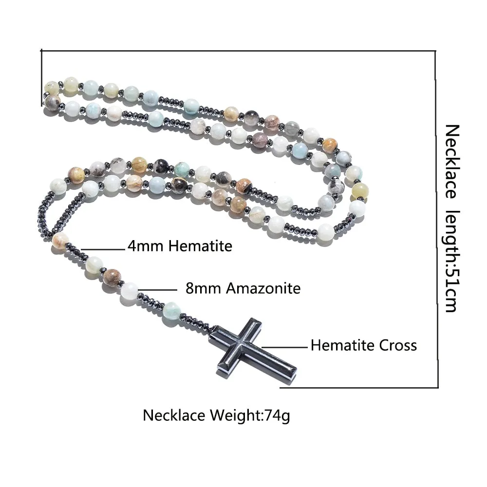 Natural 8mm Amazonite Beads Catholic Christ Rosary Necklaces Hematite Cross Pendant Men Necklace