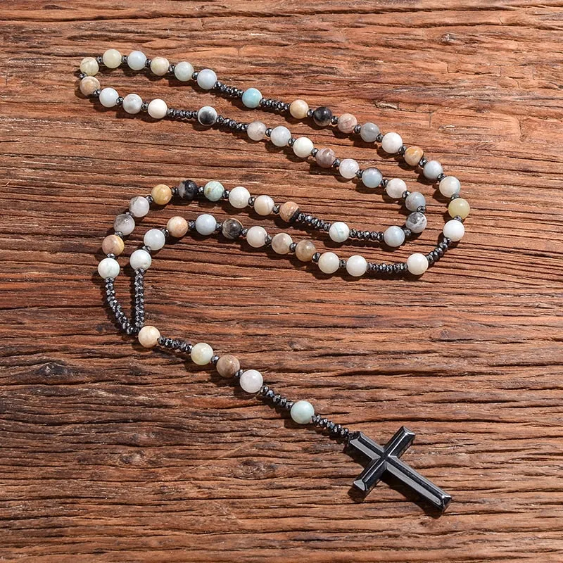 Natural 8mm Amazonite Beads Catholic Christ Rosary Necklaces Hematite Cross Pendant Men Necklace