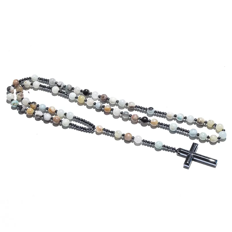Natural 8mm Amazonite Beads Catholic Christ Rosary Necklaces Hematite Cross Pendant Men Necklace