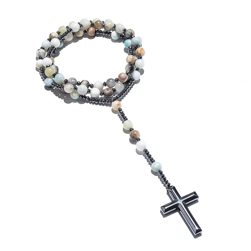 Natural 8mm Amazonite Beads Catholic Christ Rosary Necklaces Hematite Cross Pendant Men Necklace