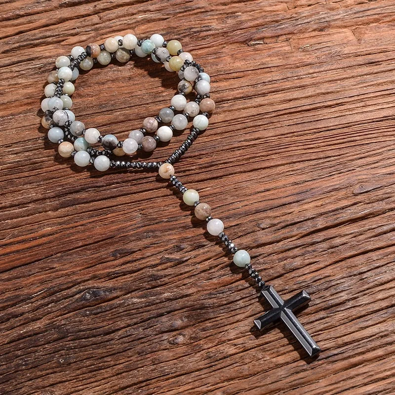 Natural 8mm Amazonite Beads Catholic Christ Rosary Necklaces Hematite Cross Pendant Men Necklace