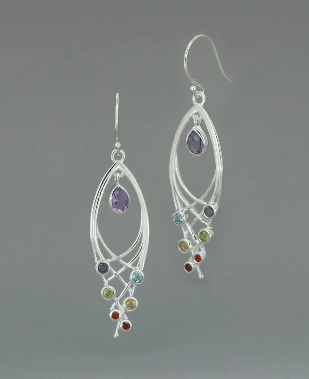 Premium Leaf Shaped Sterling Silver Chakra Gemstone Dangle Earrings