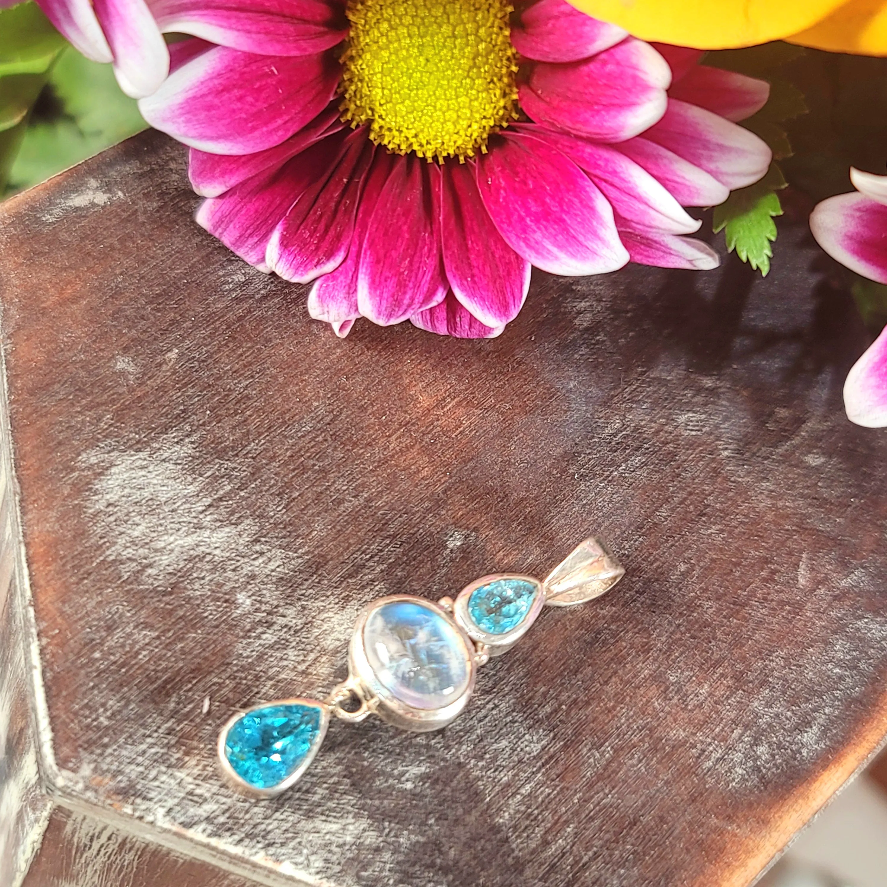 Rainbow Moonstone x Blue Apatite .925 Silver for Confidently Speaking and New Beginnings