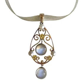 Rare Natural White Freshwater Pearl & Rainbow Moonstone Art Deco Pendant