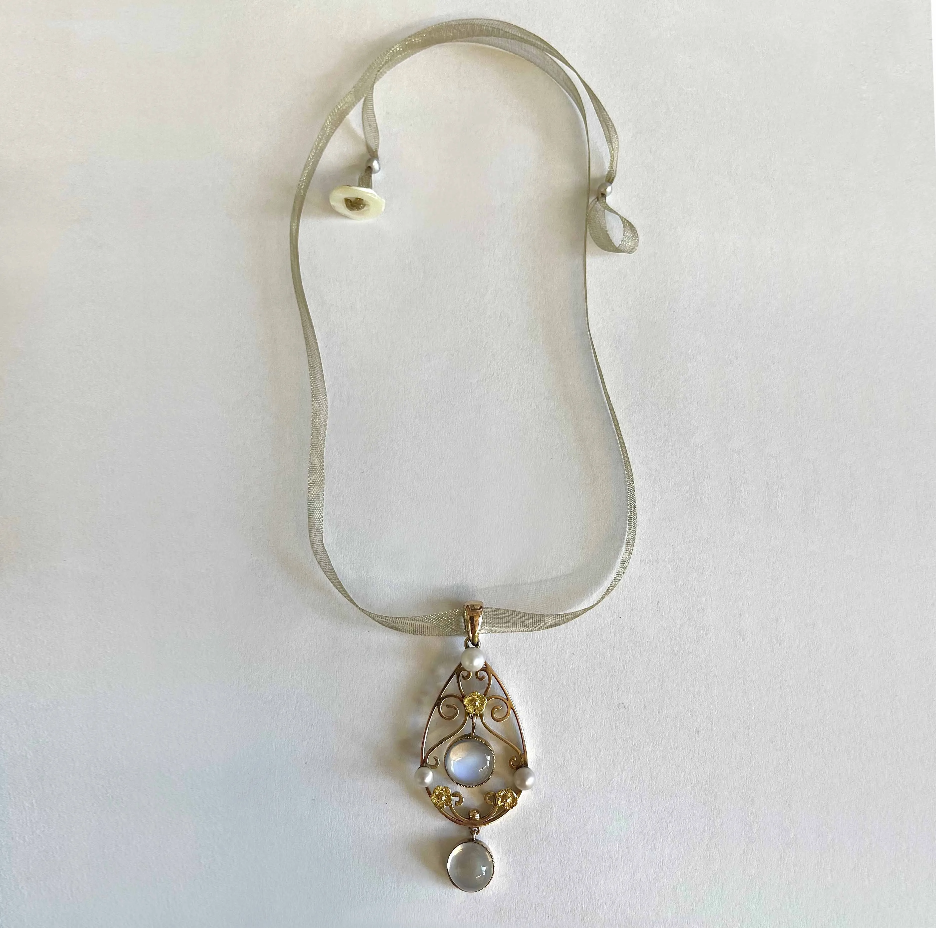 Rare Natural White Freshwater Pearl & Rainbow Moonstone Art Deco Pendant