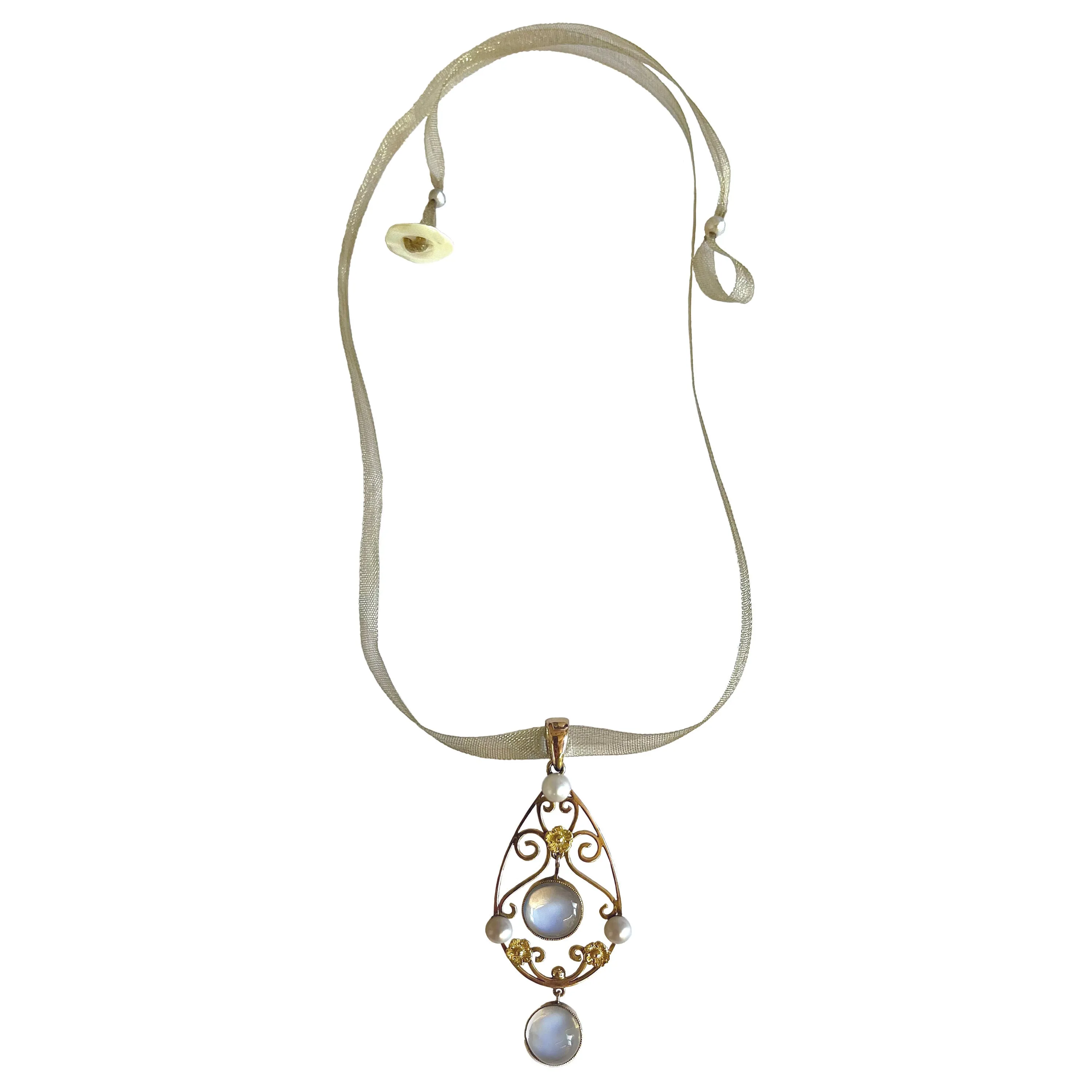Rare Natural White Freshwater Pearl & Rainbow Moonstone Art Deco Pendant
