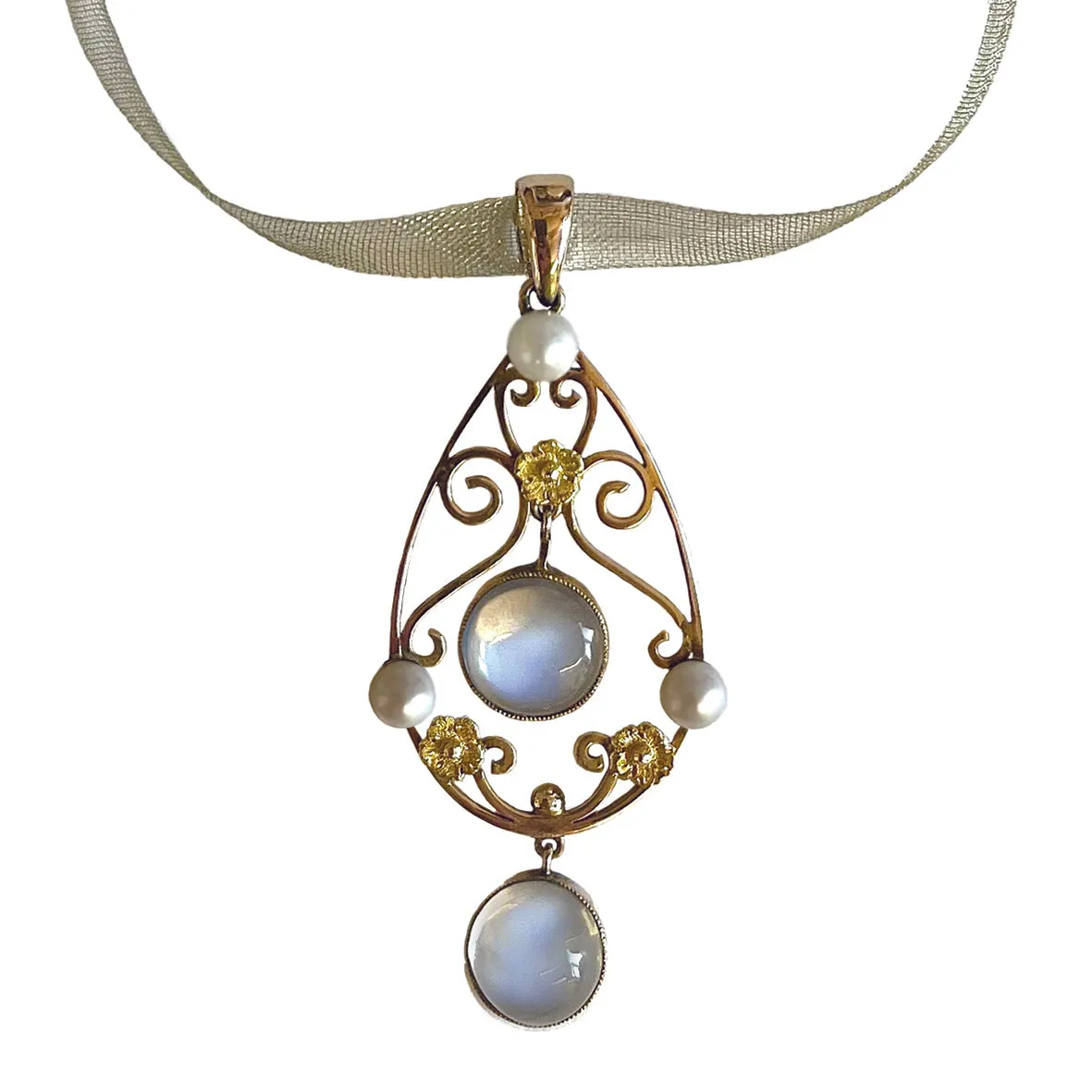 Rare Natural White Freshwater Pearl & Rainbow Moonstone Art Deco Pendant