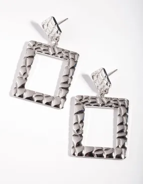 Rhodium Textured Square Earrings