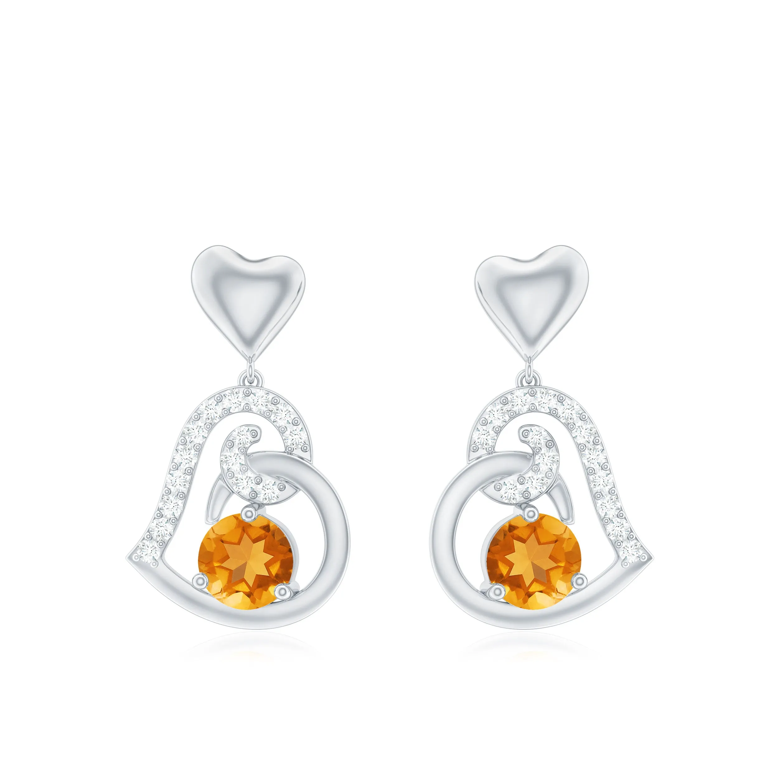 Round Citrine and Moissanite Accent Heart Drop Earring