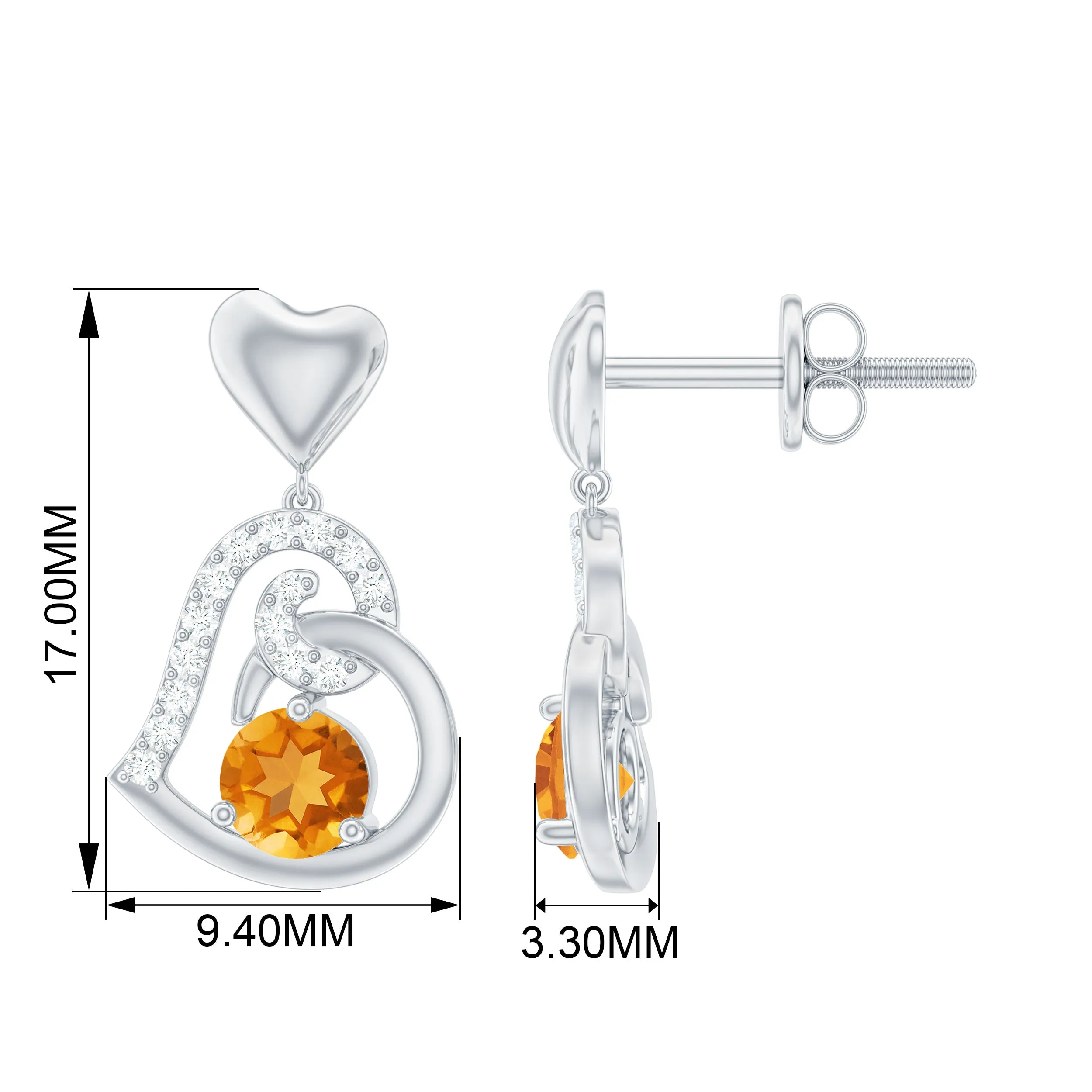 Round Citrine and Moissanite Accent Heart Drop Earring