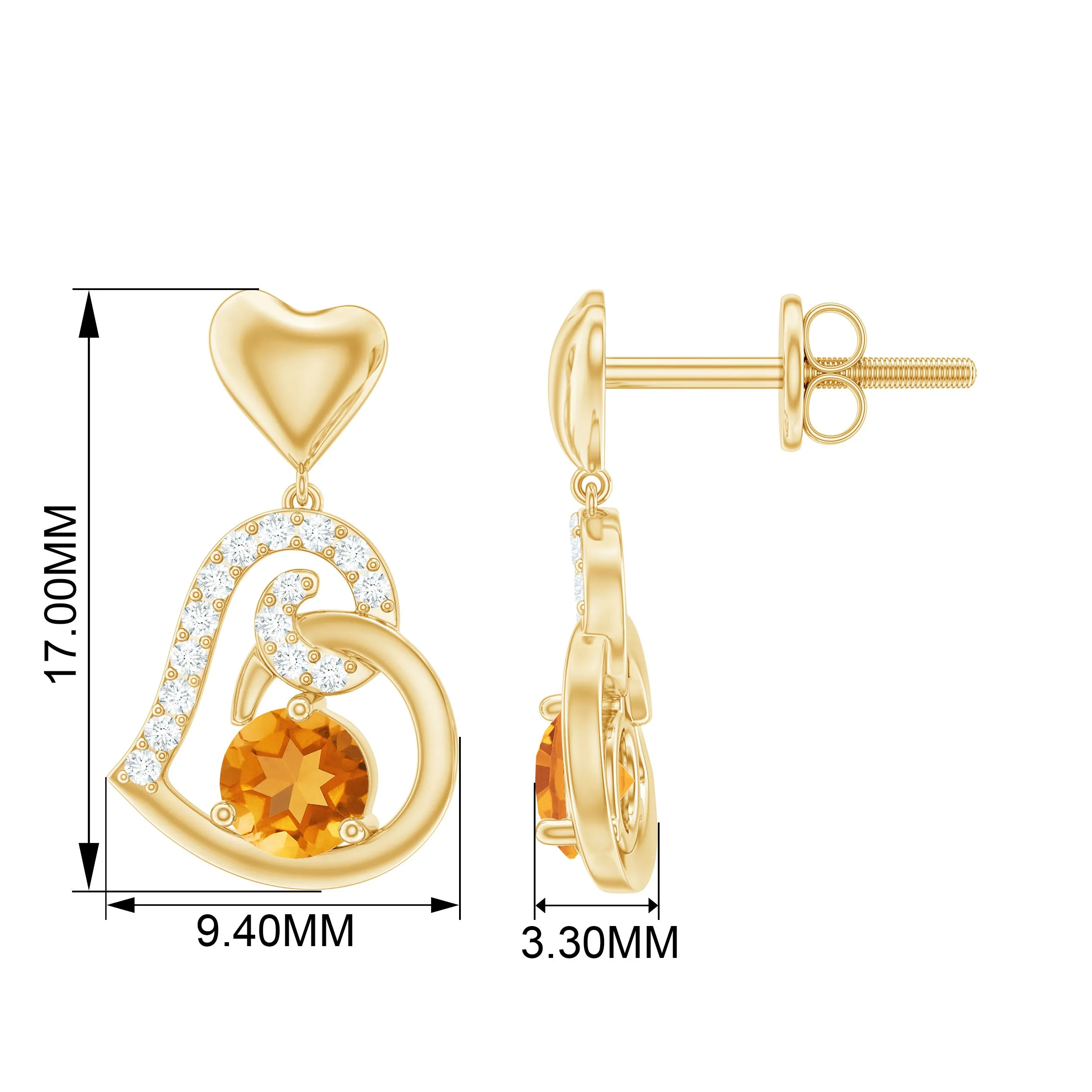 Round Citrine and Moissanite Accent Heart Drop Earring