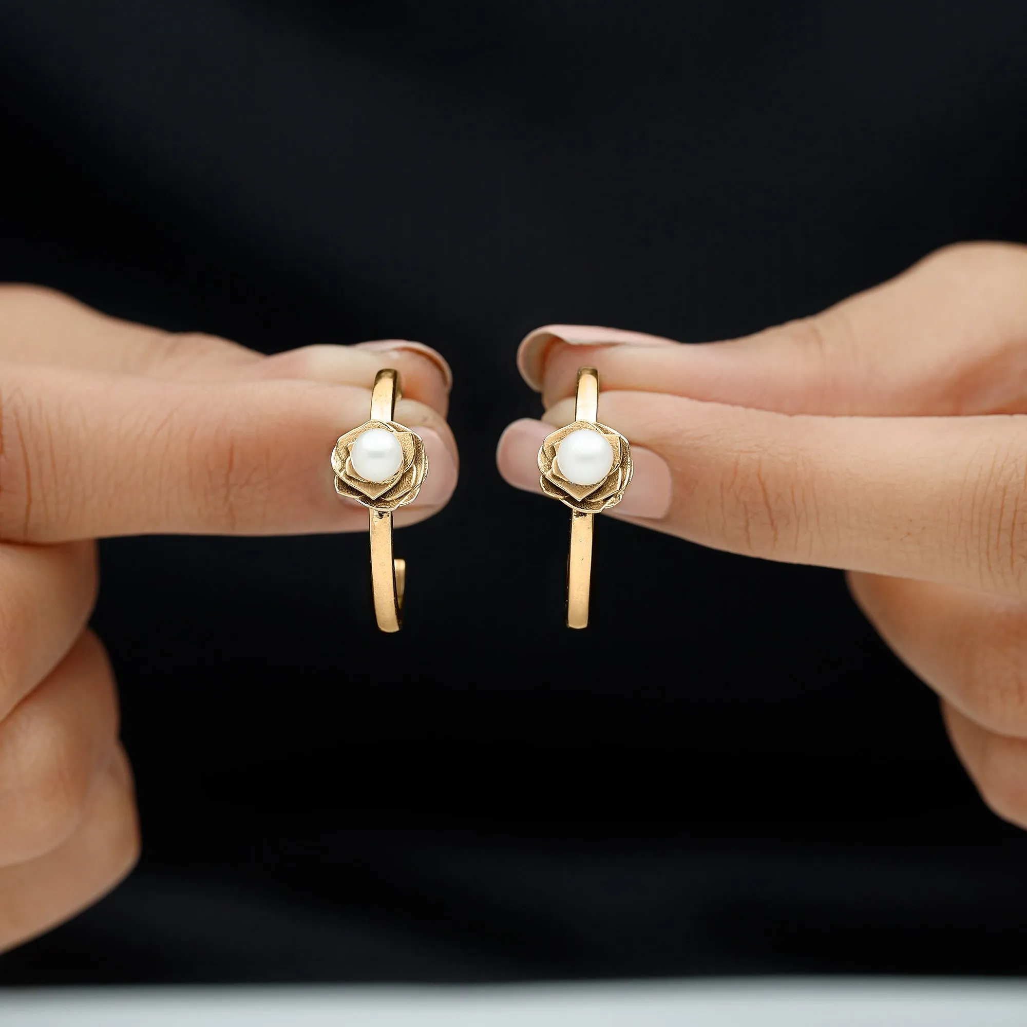 Round Shape Freshwater Pearl Flower Hoop Earrings