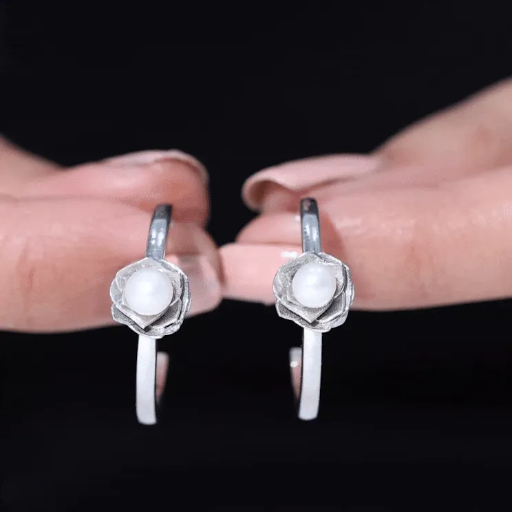 Round Shape Freshwater Pearl Flower Hoop Earrings