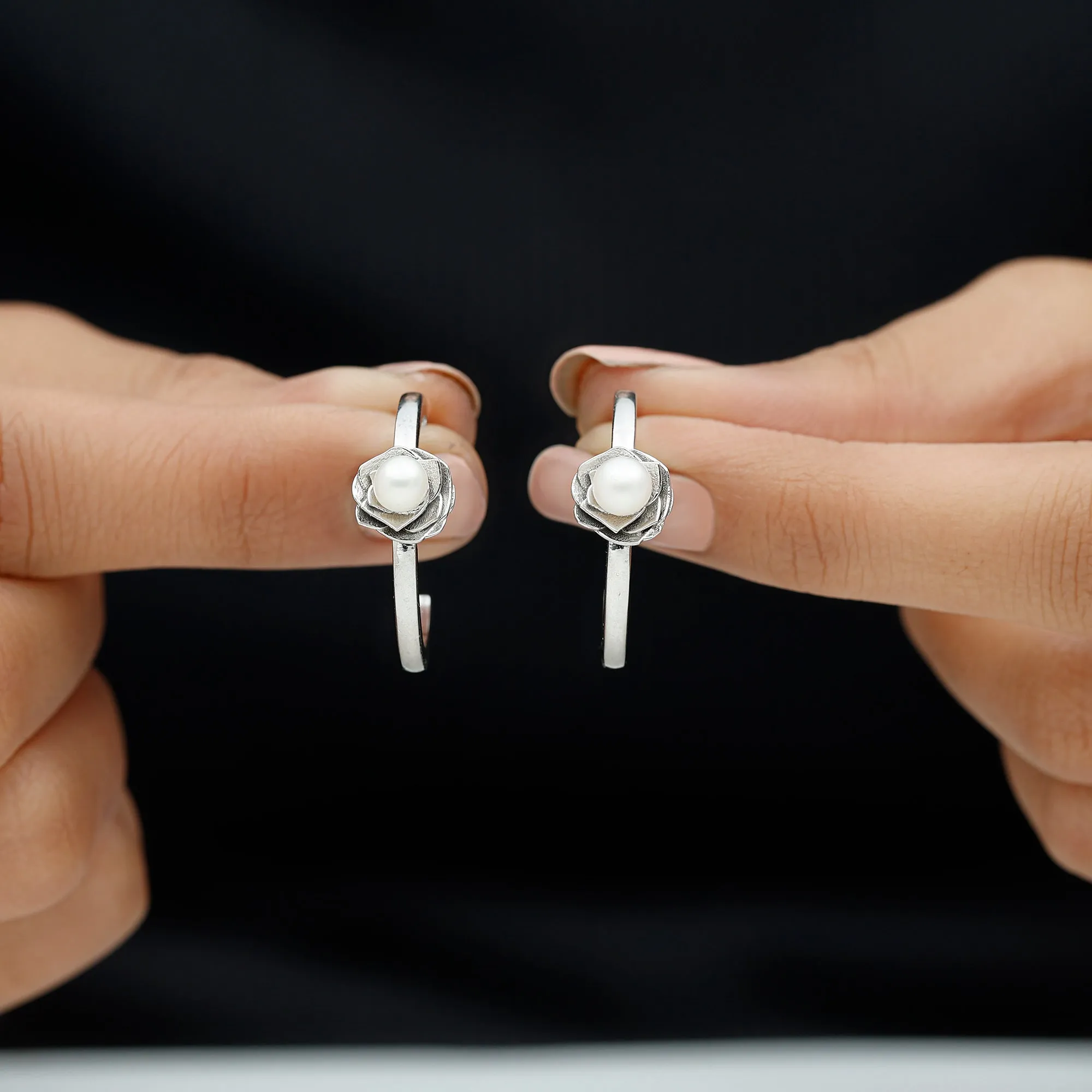 Round Shape Freshwater Pearl Flower Hoop Earrings