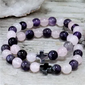 Set of 2 Friendship Bracelets - Love - Amethyst & Rose Quartz