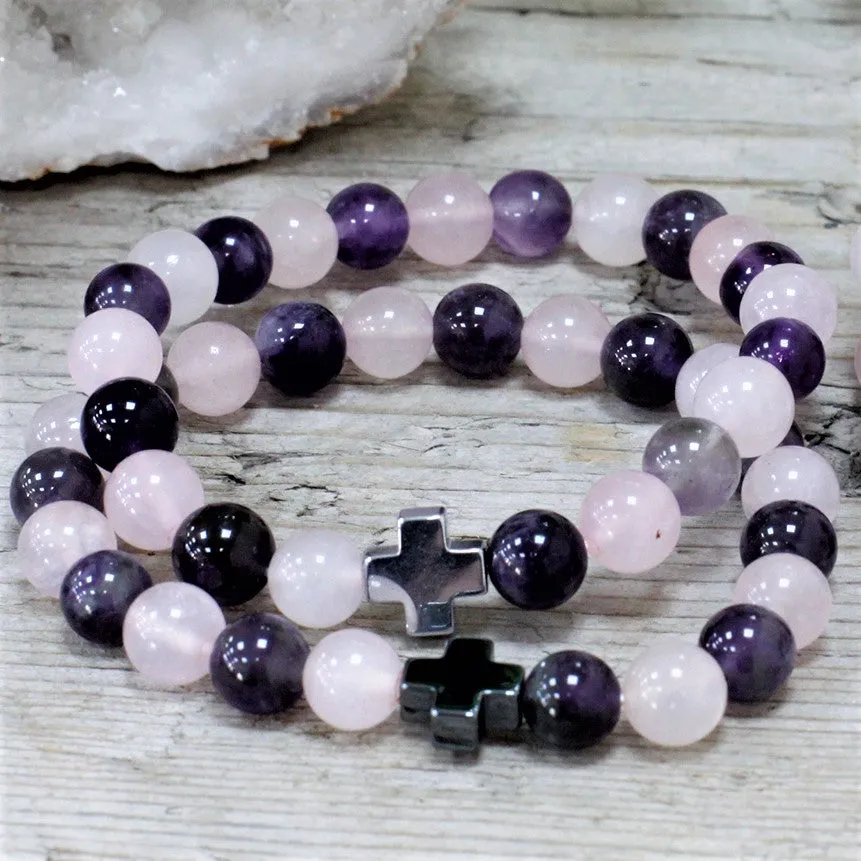 Set of 2 Friendship Bracelets - Love - Amethyst & Rose Quartz