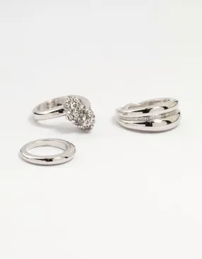 Silver Diamante Pavé & Knotted Stacking Rings 3-Pack