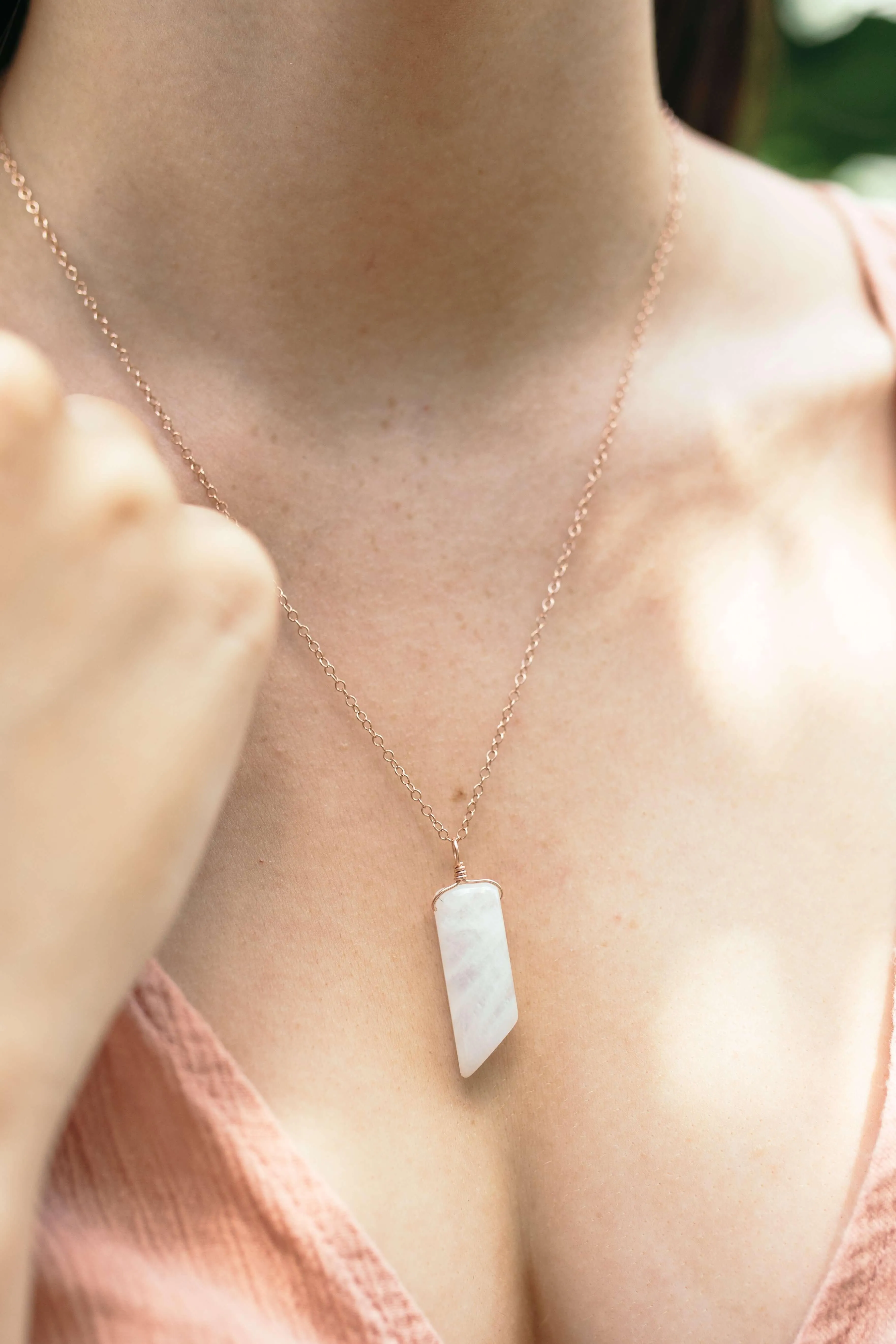 Smooth Rainbow Moonstone Natural Point Crystal Necklace
