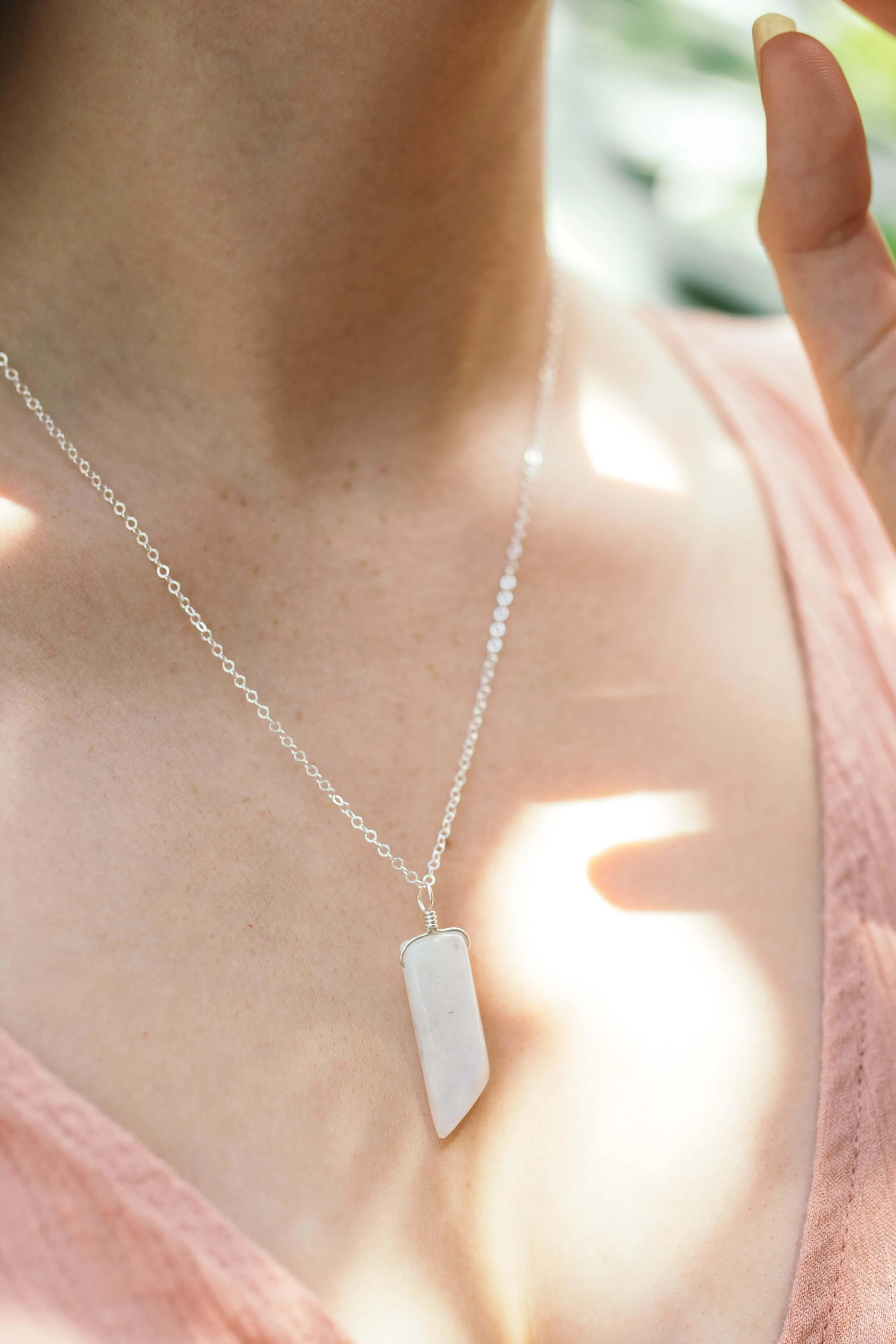 Smooth Rainbow Moonstone Natural Point Crystal Necklace