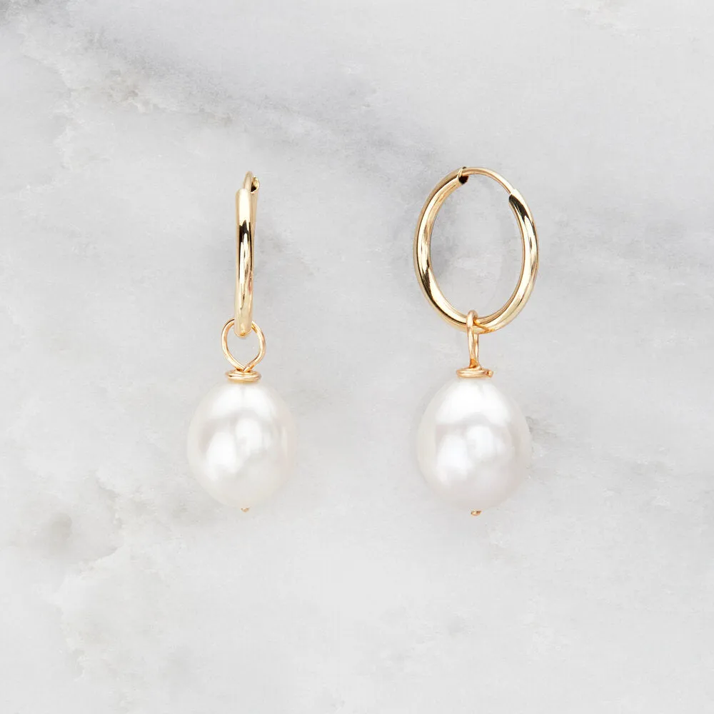 Solid Gold Large Pearl Drop Hoop Earrings