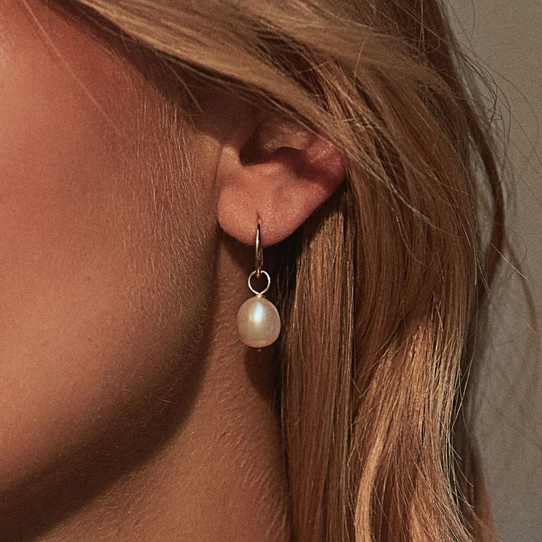 Solid Gold Large Pearl Drop Hoop Earrings