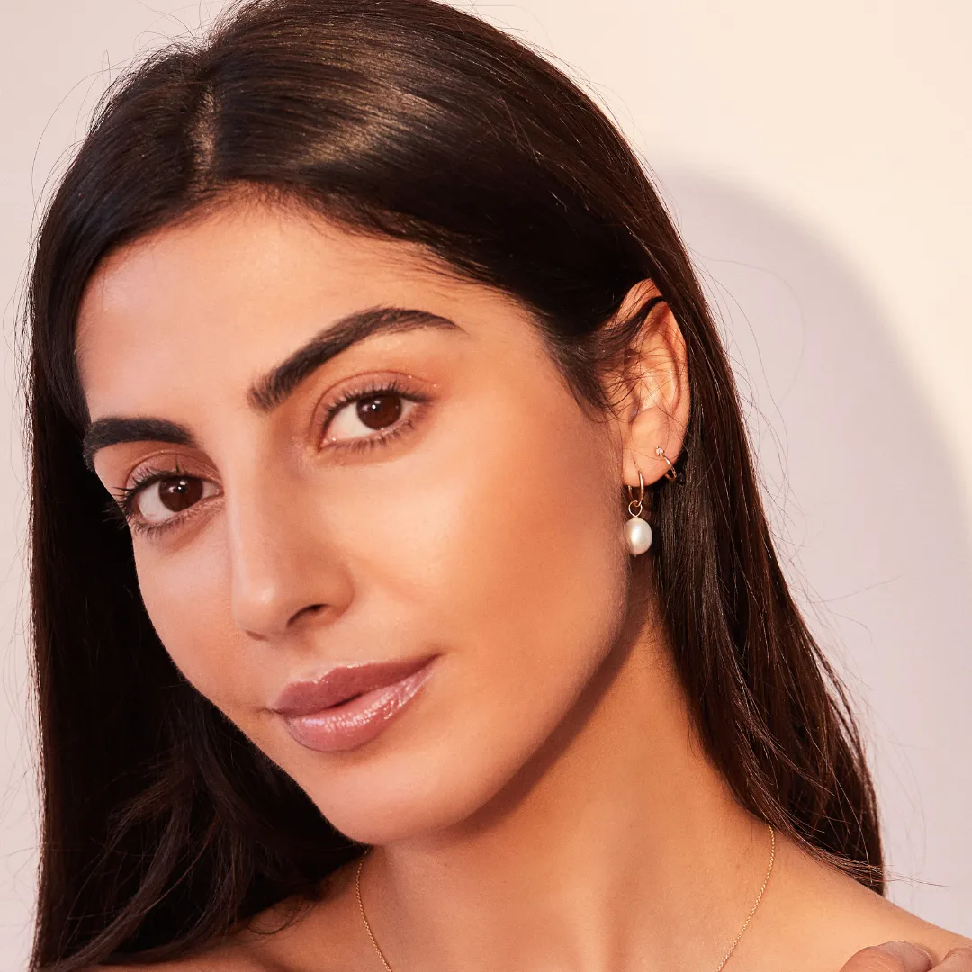 Solid Gold Large Pearl Drop Hoop Earrings