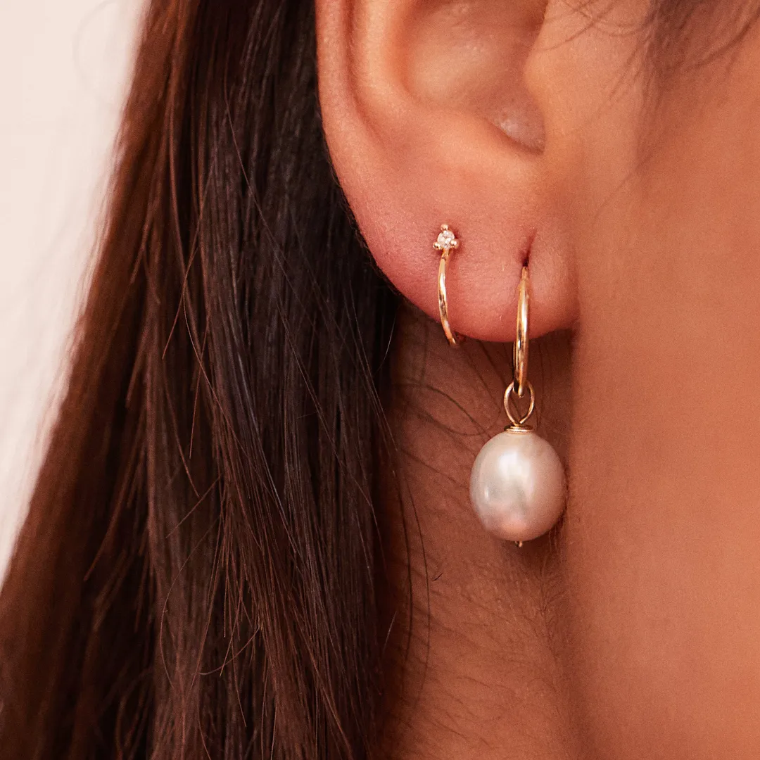 Solid Gold Large Pearl Drop Hoop Earrings