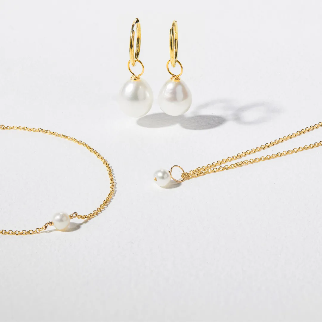 Solid Gold Large Pearl Drop Hoop Earrings